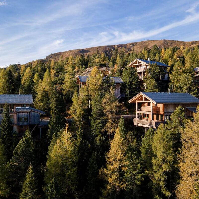 Ferienhäuser aus Holz inmitten eines herbstlichen Zirbenwaldes