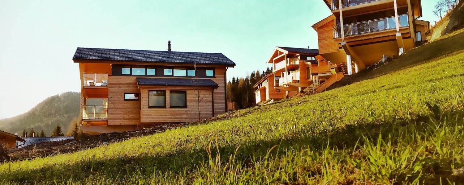 Moderne Chalets auf grüner Almwiese im Ennstal