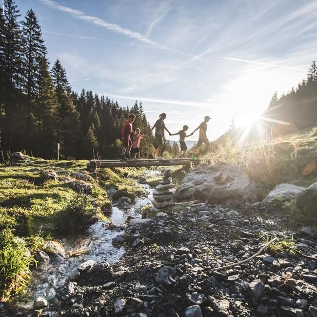 Familie wandern Hand in Hand über eine Brücke