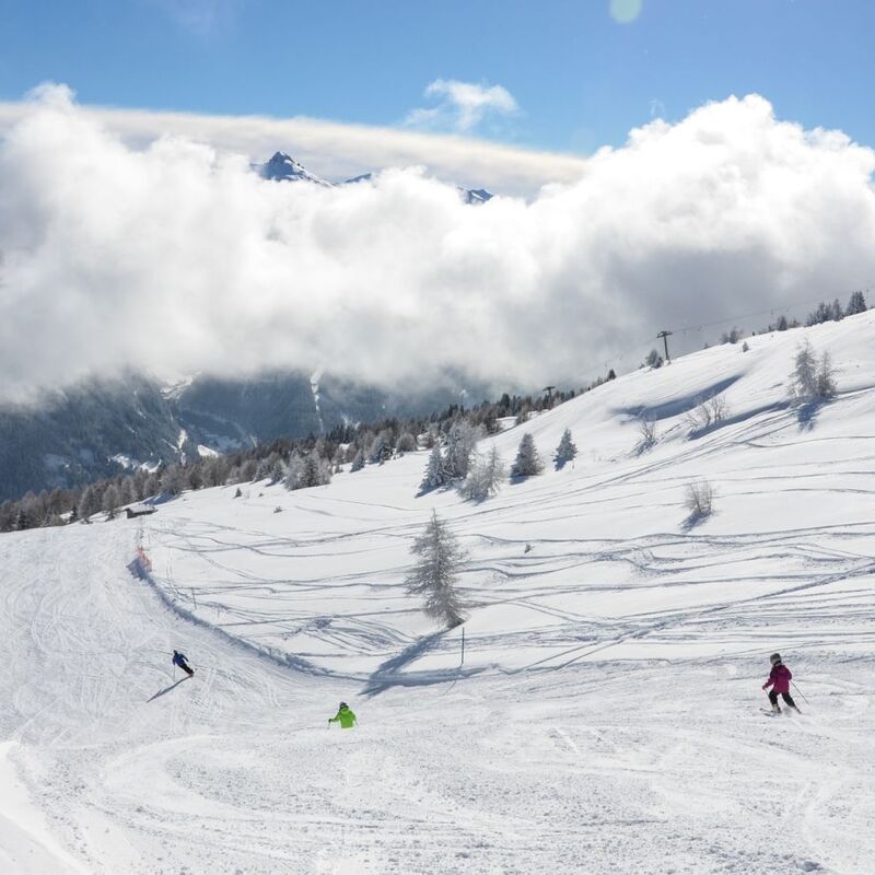Family skiing on a wide slope with fresh snow
