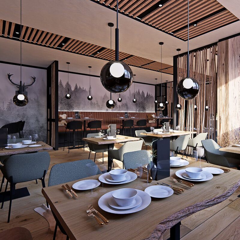 Gedeckte Tische im Restaurant ALPS KITCHEN Fiss