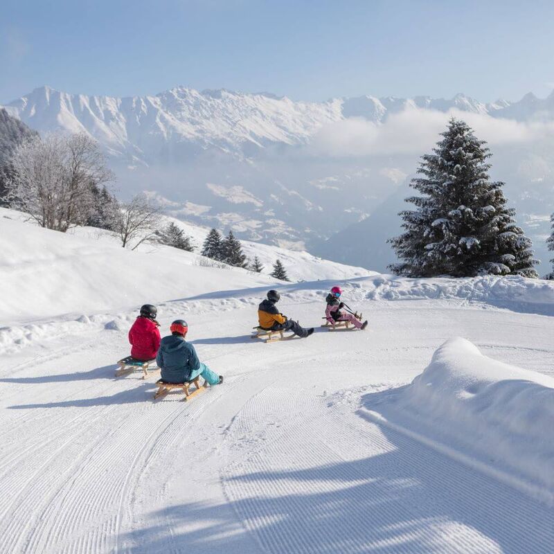 Gruppe von Rodlern in einer Kurve auf der präparierten Rodelbahn