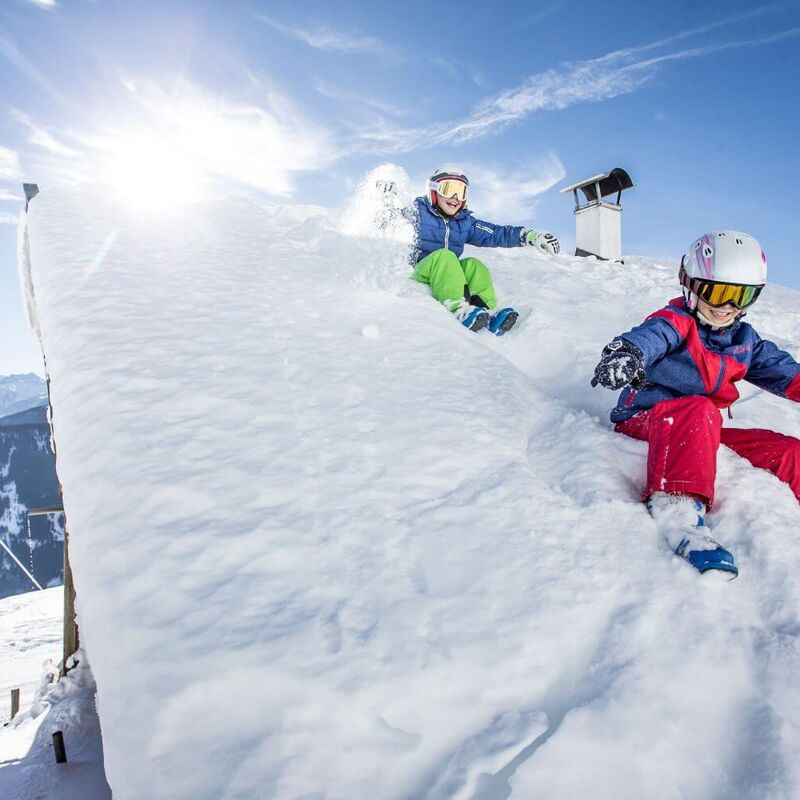 Children in ski outfits slide off the snow-covered roof of an alpine hut.