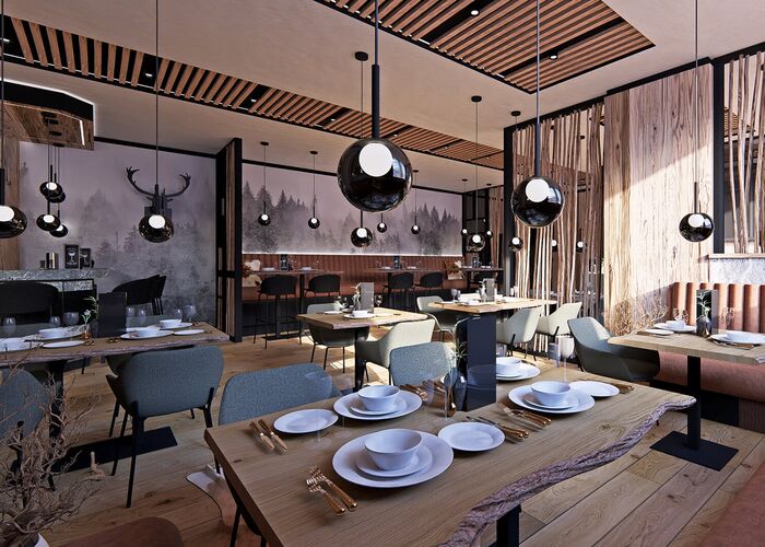 Gedeckte Tische im Restaurant ALPS KITCHEN Fiss