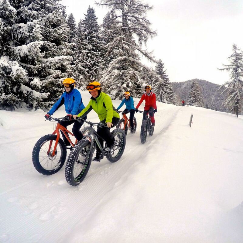 Eine Gruppe von Bikern fährt in warmer Winterkleidung mit Fatbikes und breiten Reifen eine verschneite Bergstrecke hinauf