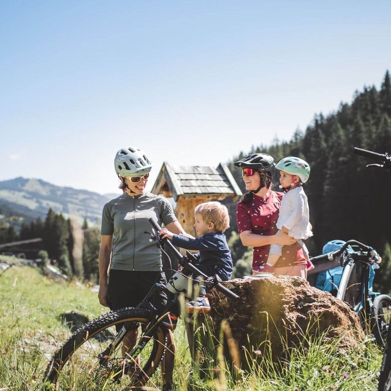 Zwei Mütter mit Fahrradhelmen und ihren Kindern machen Rast mit modernen E-Bikes auf einer Almwiese inmitten einer alpinen Berglandschaft.